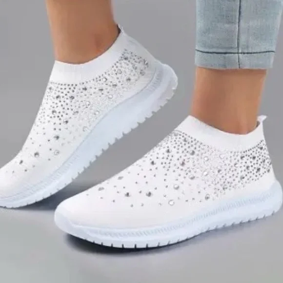 FASHION REHINESTONED FLAT PLATFORM SLIP ON KNITTED CASUAL OUT DOOR WHITE SNEAKER - Picture 6 of 8